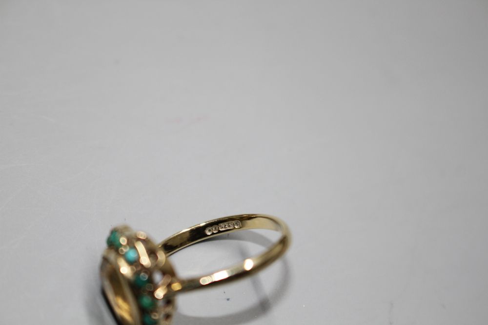 A 1960s 9ct gold, heart shaped citrine and turquoise bead set heart shaped dress ring,